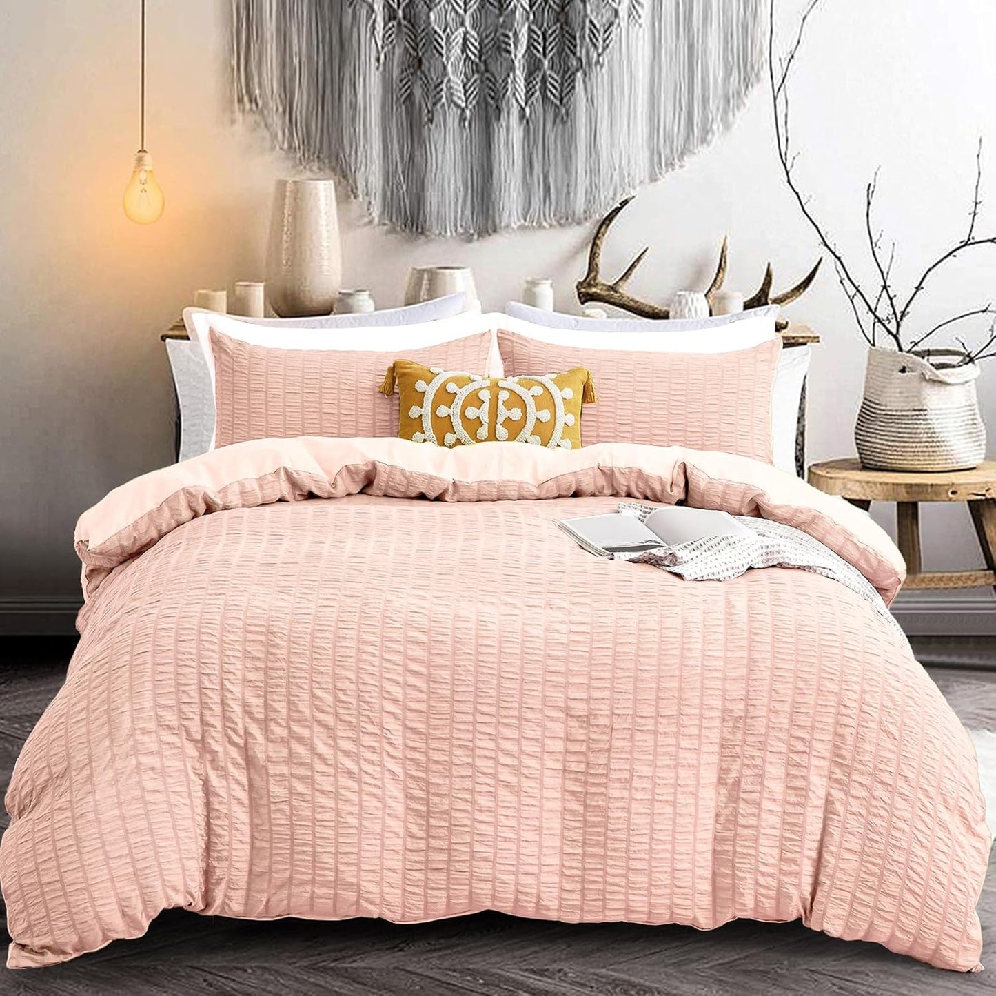 Beige Seersucker Bedding Set King Size Puckering Seersucker Duvet Cover Set,Soft Microfiber,2 Pillowcases and Zipper Closure,220×230cm