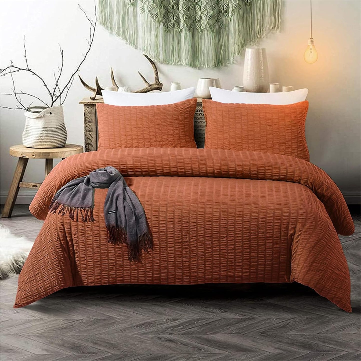 Beige Seersucker Bedding Set King Size Puckering Seersucker Duvet Cover Set,Soft Microfiber,2 Pillowcases and Zipper Closure,220×230cm