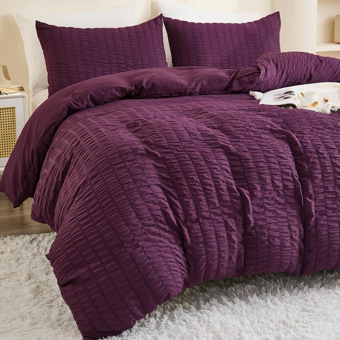 Beige Seersucker Bedding Set King Size Puckering Seersucker Duvet Cover Set,Soft Microfiber,2 Pillowcases and Zipper Closure,220×230cm