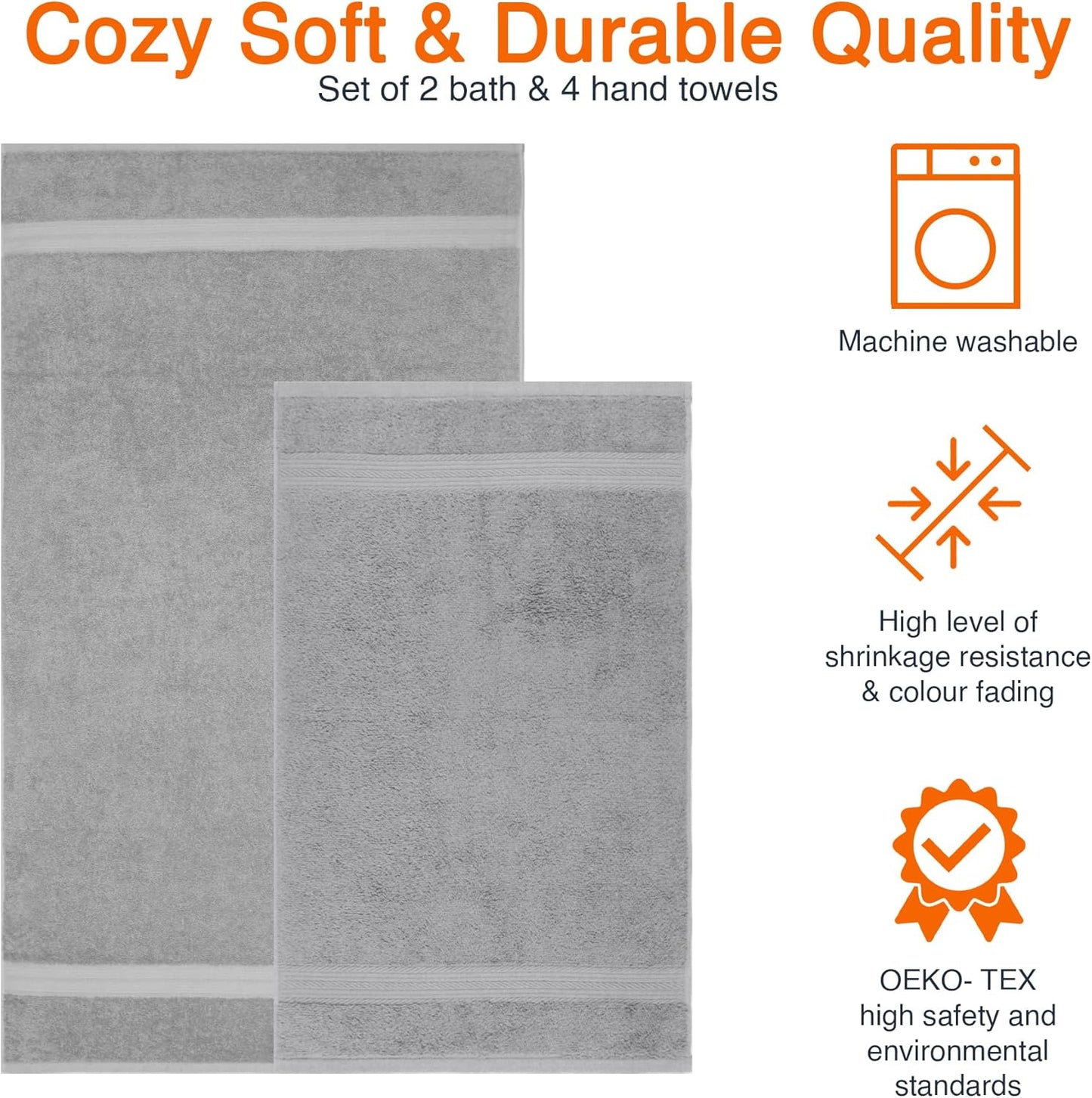 Amazon Basics 2 Bath towel for bathroom, Fade Resistant 100% Cotton Bath Towels, soft absorbent, 2-Pack (70x140 cm), Grey