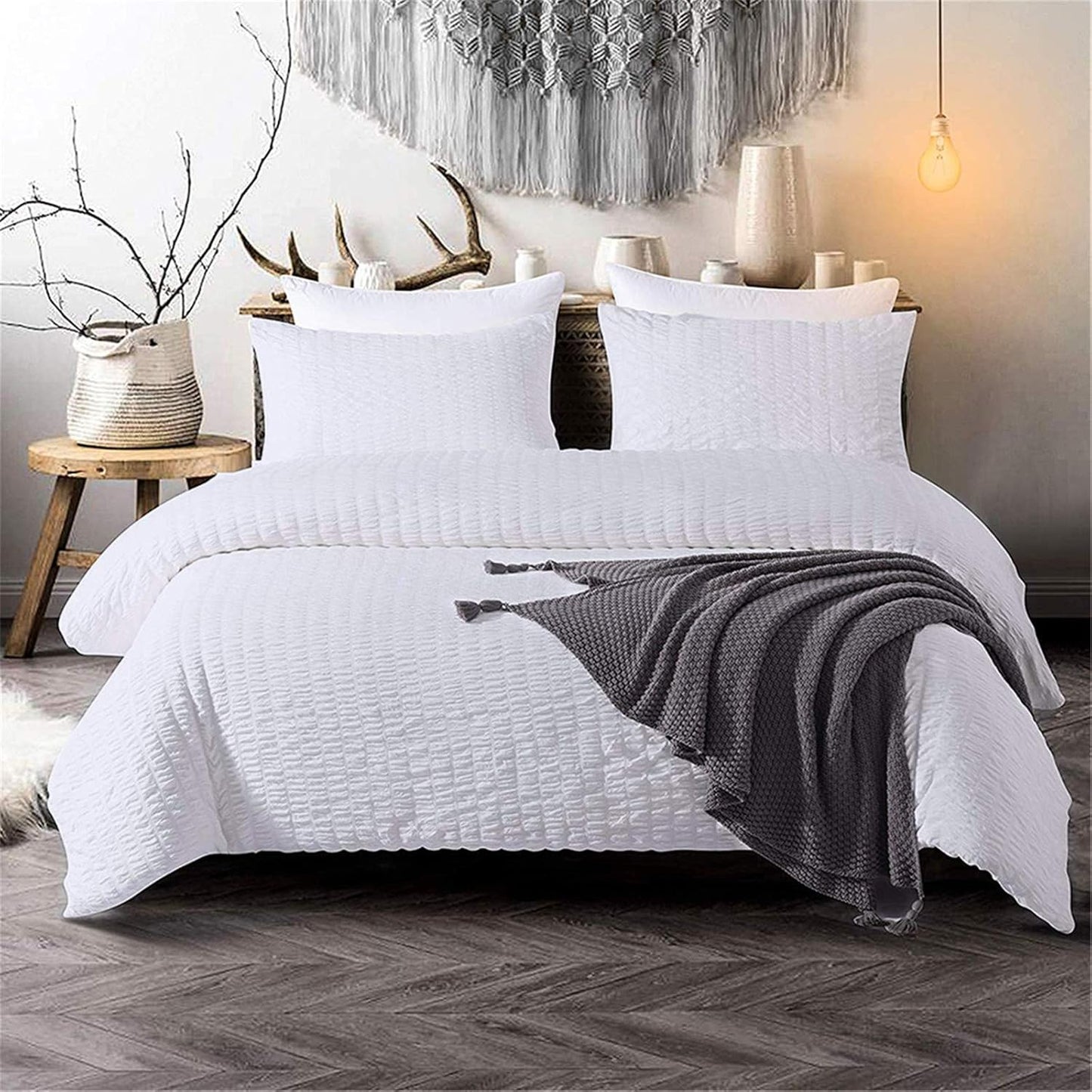 Beige Seersucker Bedding Set King Size Puckering Seersucker Duvet Cover Set,Soft Microfiber,2 Pillowcases and Zipper Closure,220×230cm