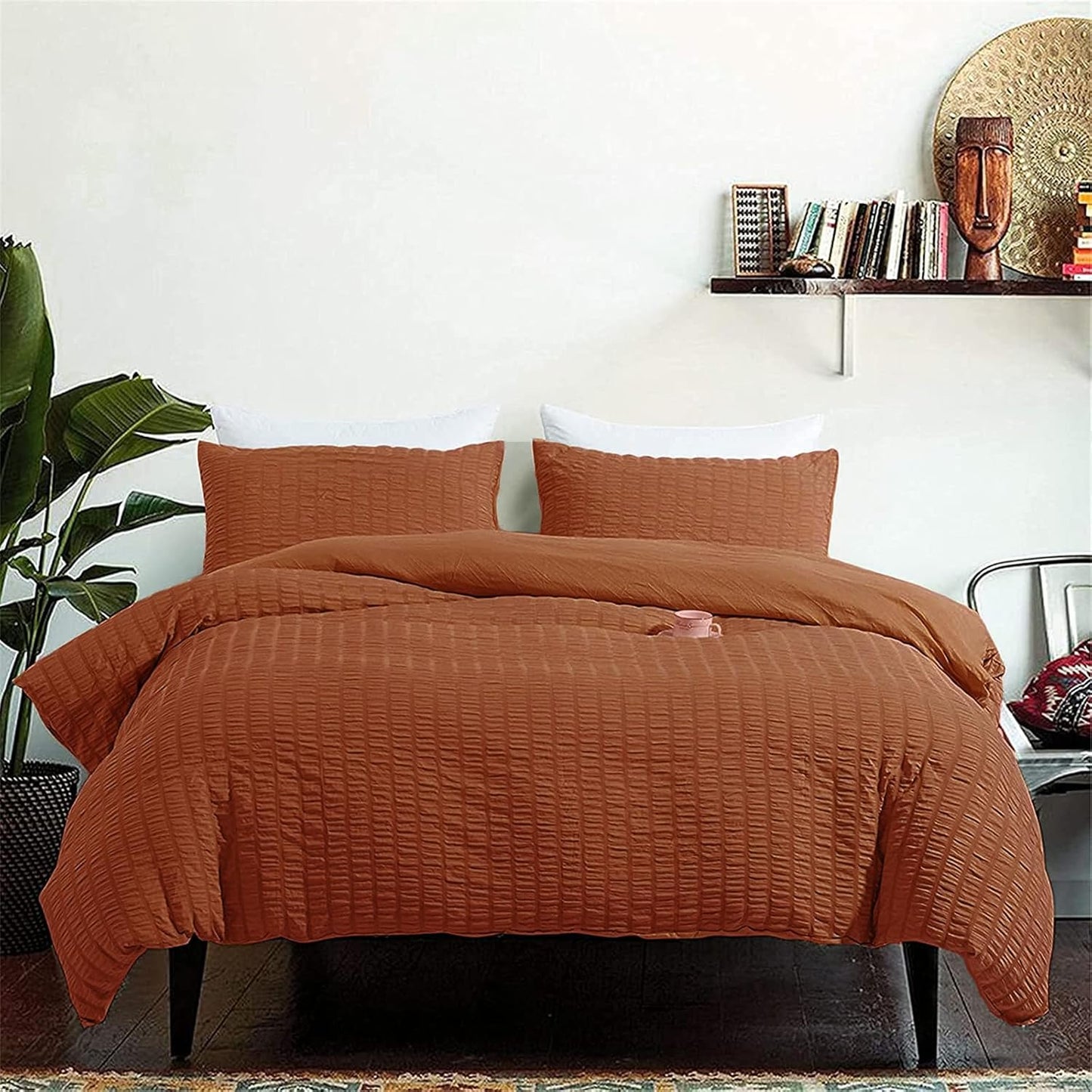 Beige Seersucker Bedding Set King Size Puckering Seersucker Duvet Cover Set,Soft Microfiber,2 Pillowcases and Zipper Closure,220×230cm