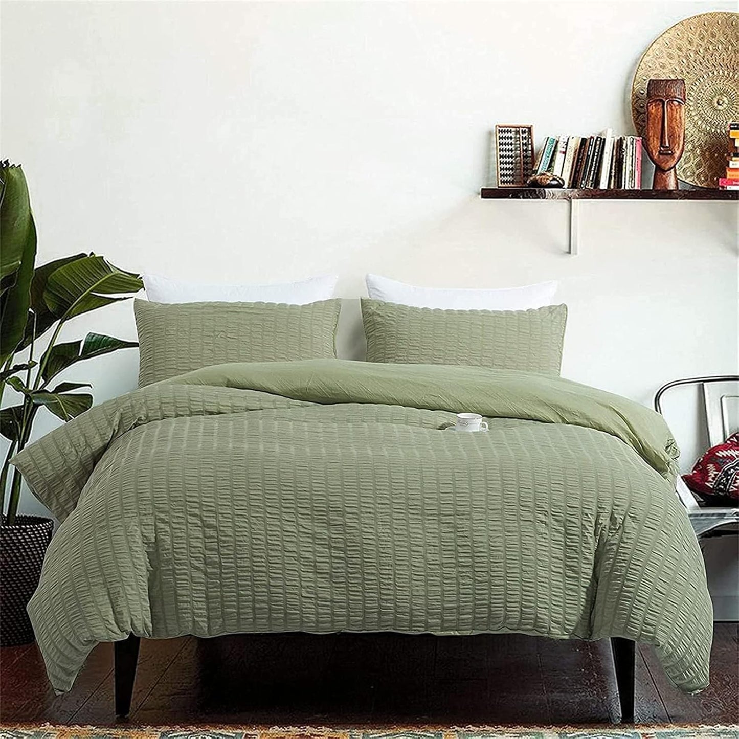 Beige Seersucker Bedding Set King Size Puckering Seersucker Duvet Cover Set,Soft Microfiber,2 Pillowcases and Zipper Closure,220×230cm