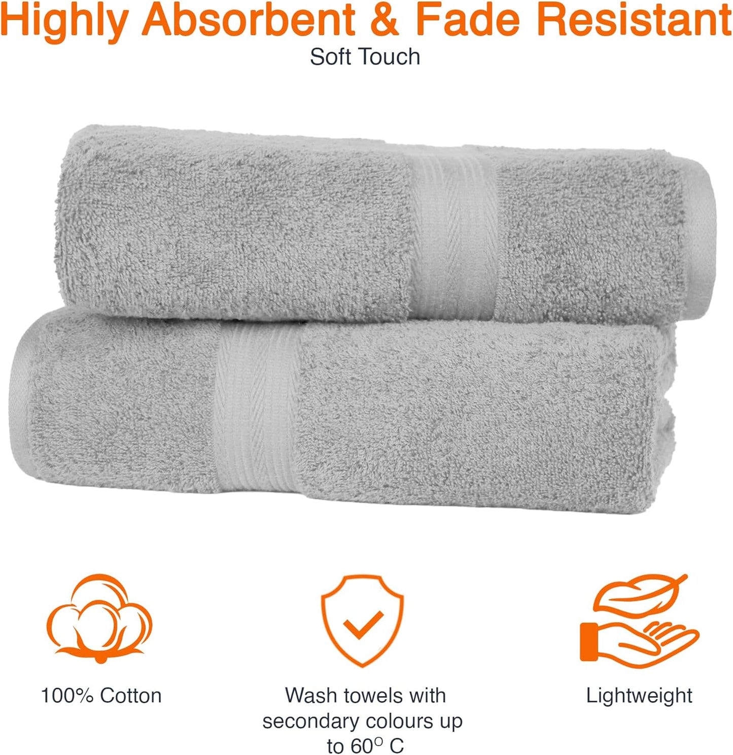 Amazon Basics 2 Bath towel for bathroom, Fade Resistant 100% Cotton Bath Towels, soft absorbent, 2-Pack (70x140 cm), Grey