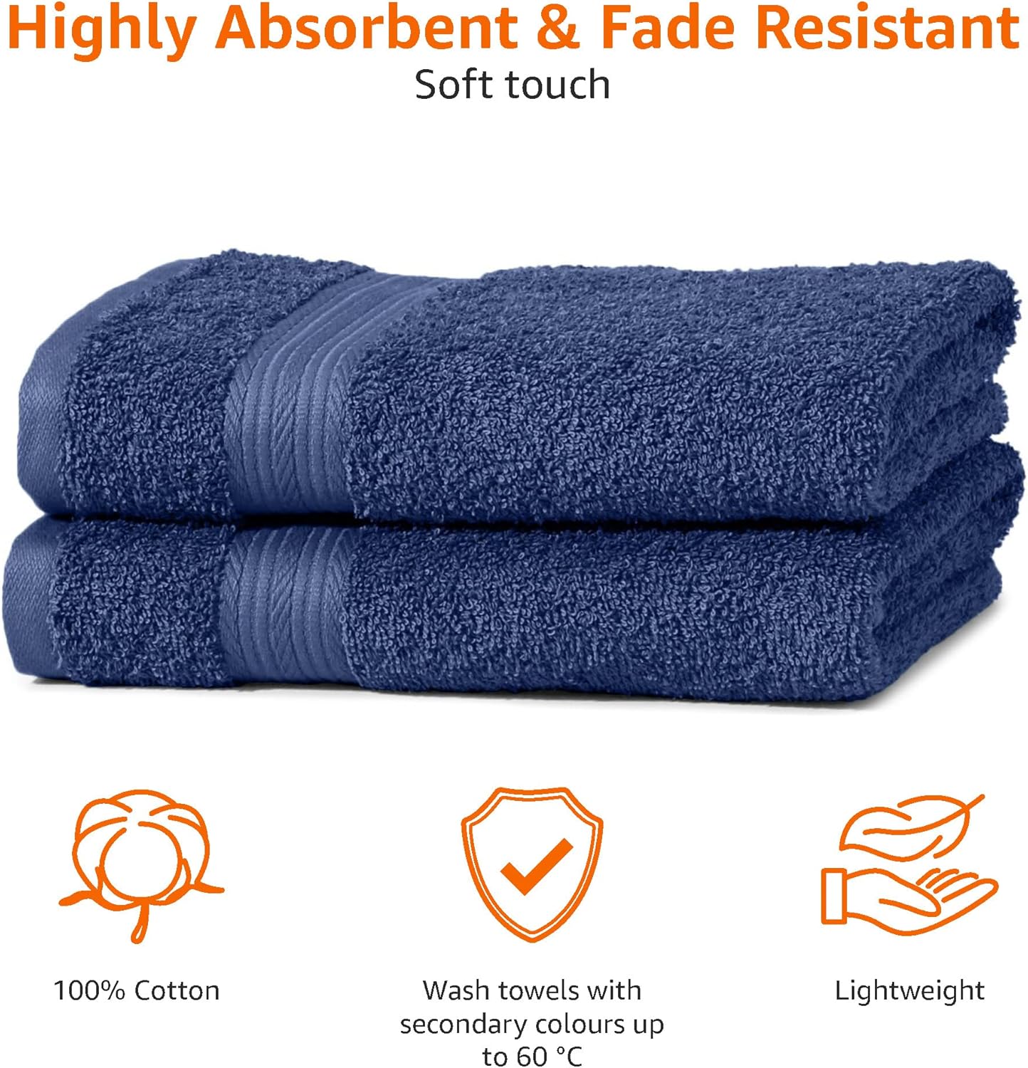 Amazon Basics 2 Bath towel for bathroom, Fade Resistant 100% Cotton Bath Towels, soft absorbent, 2-Pack (70x140 cm), Grey
