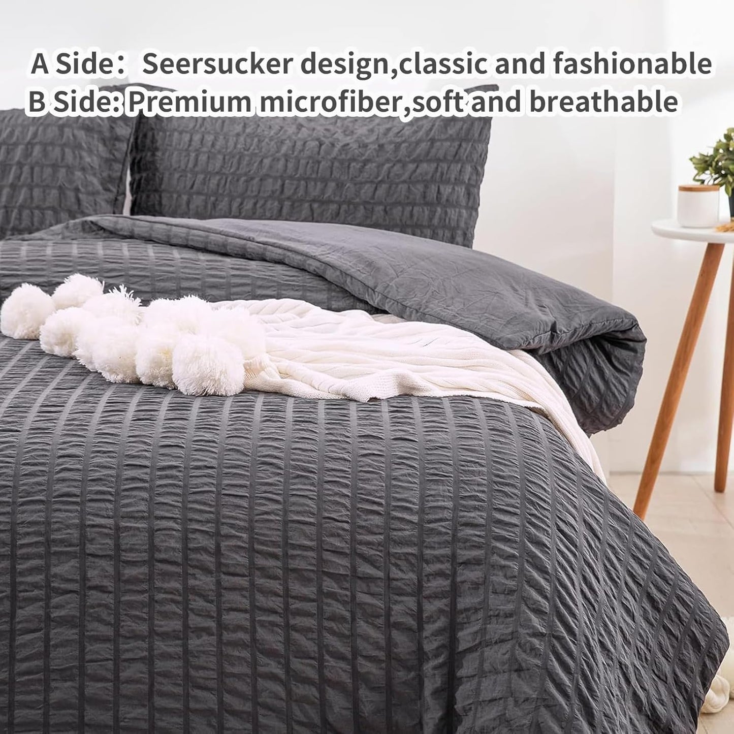 Beige Seersucker Bedding Set King Size Puckering Seersucker Duvet Cover Set,Soft Microfiber,2 Pillowcases and Zipper Closure,220×230cm
