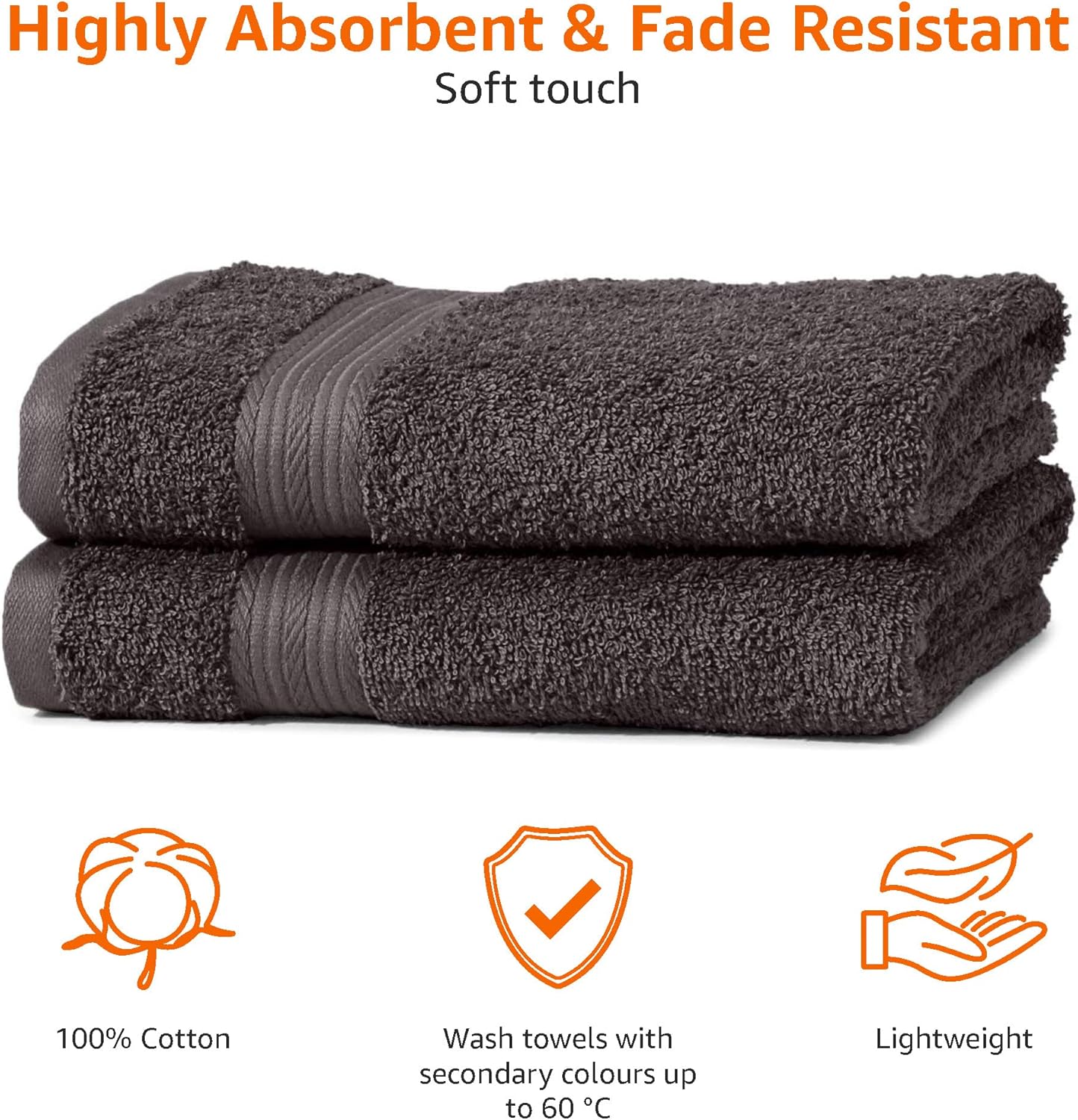 Amazon Basics 2 Bath towel for bathroom, Fade Resistant 100% Cotton Bath Towels, soft absorbent, 2-Pack (70x140 cm), Grey