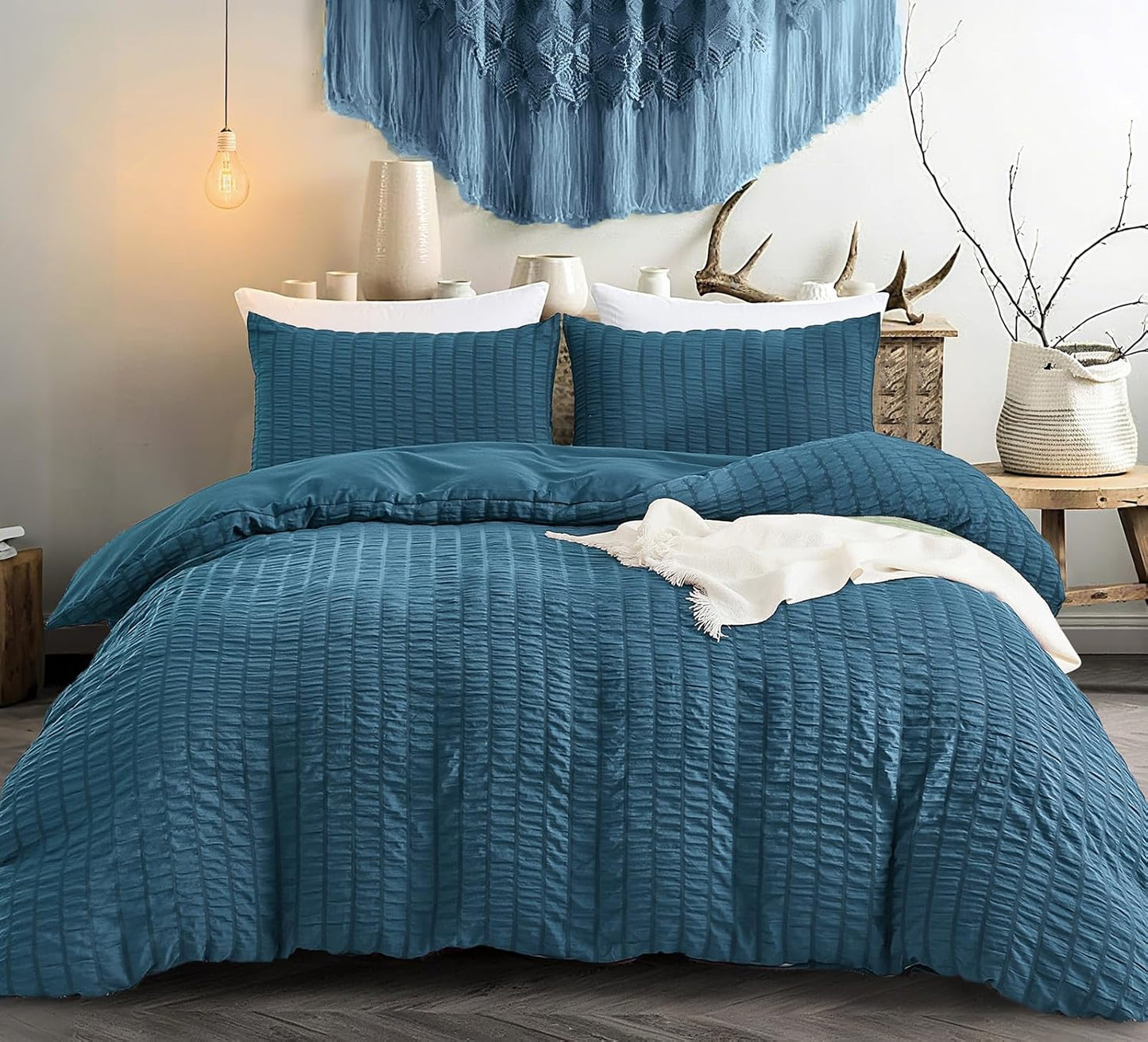 Beige Seersucker Bedding Set King Size Puckering Seersucker Duvet Cover Set,Soft Microfiber,2 Pillowcases and Zipper Closure,220×230cm