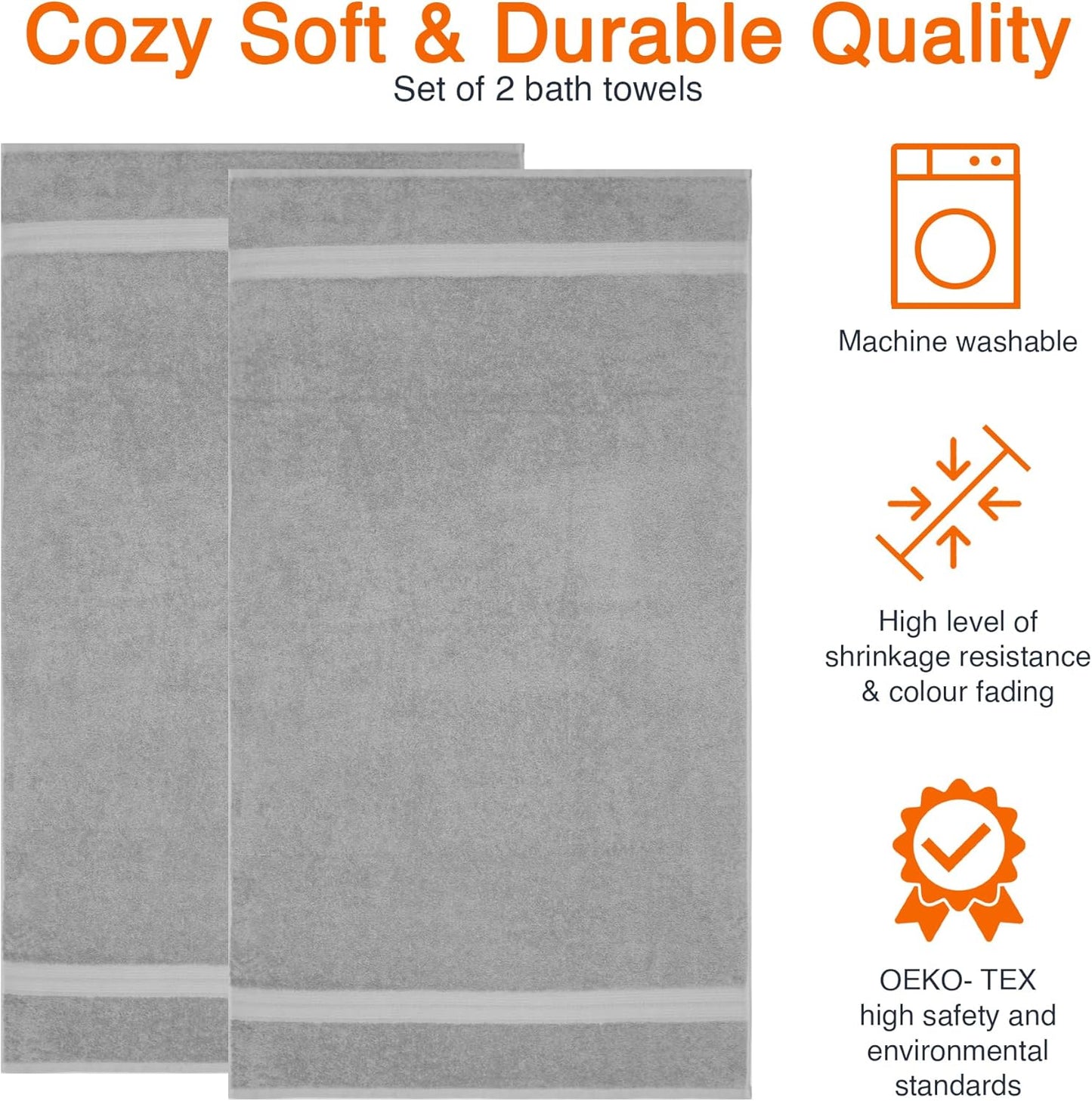 Amazon Basics 2 Bath towel for bathroom, Fade Resistant 100% Cotton Bath Towels, soft absorbent, 2-Pack (70x140 cm), Grey