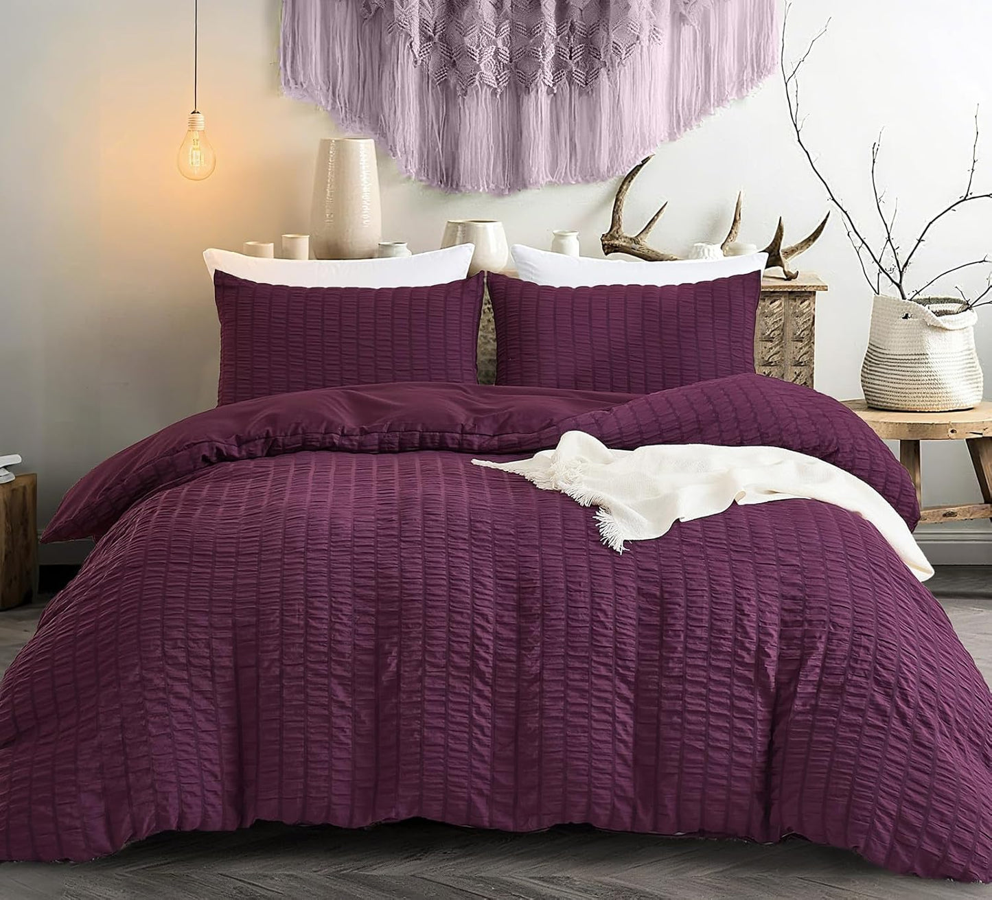 Beige Seersucker Bedding Set King Size Puckering Seersucker Duvet Cover Set,Soft Microfiber,2 Pillowcases and Zipper Closure,220×230cm