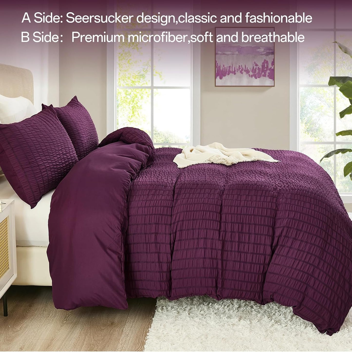 Beige Seersucker Bedding Set King Size Puckering Seersucker Duvet Cover Set,Soft Microfiber,2 Pillowcases and Zipper Closure,220×230cm