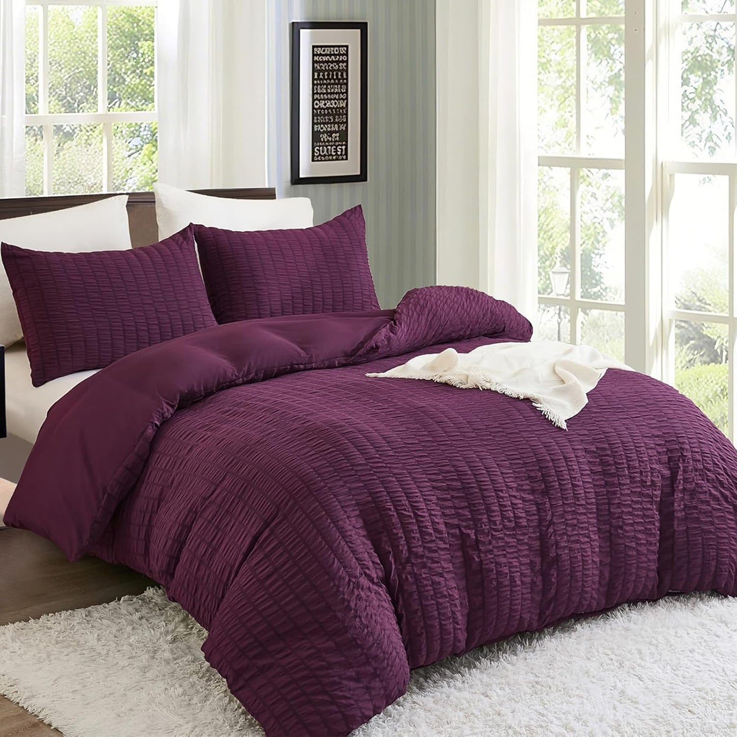 Beige Seersucker Bedding Set King Size Puckering Seersucker Duvet Cover Set,Soft Microfiber,2 Pillowcases and Zipper Closure,220×230cm