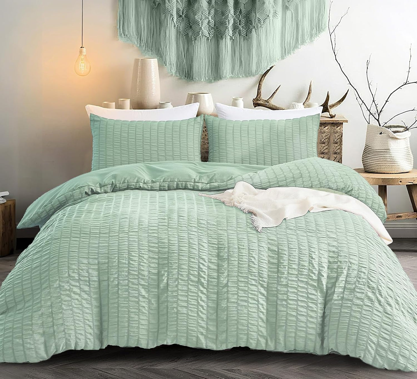 Beige Seersucker Bedding Set King Size Puckering Seersucker Duvet Cover Set,Soft Microfiber,2 Pillowcases and Zipper Closure,220×230cm