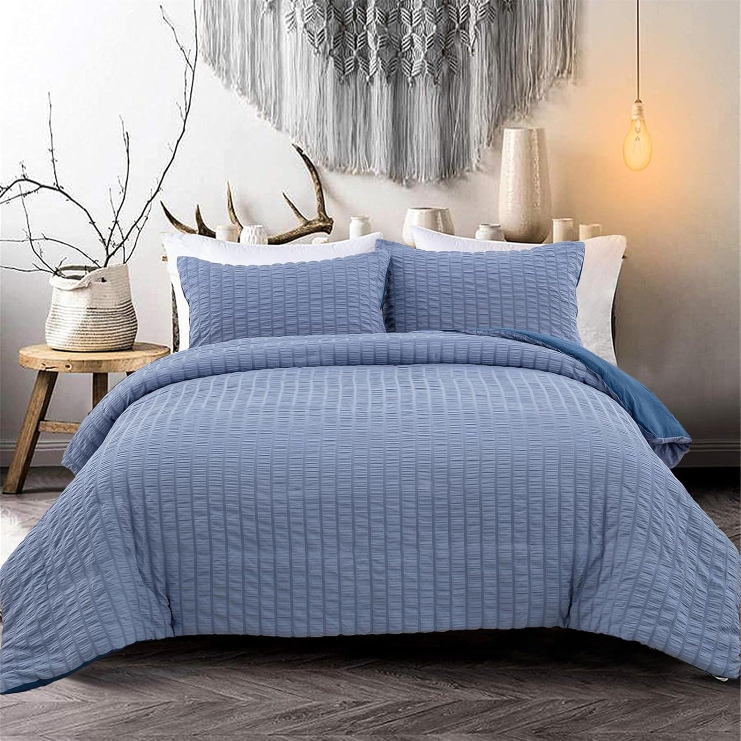 Beige Seersucker Bedding Set King Size Puckering Seersucker Duvet Cover Set,Soft Microfiber,2 Pillowcases and Zipper Closure,220×230cm