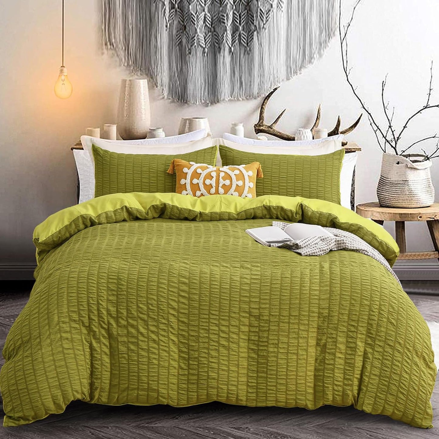 Beige Seersucker Bedding Set King Size Puckering Seersucker Duvet Cover Set,Soft Microfiber,2 Pillowcases and Zipper Closure,220×230cm
