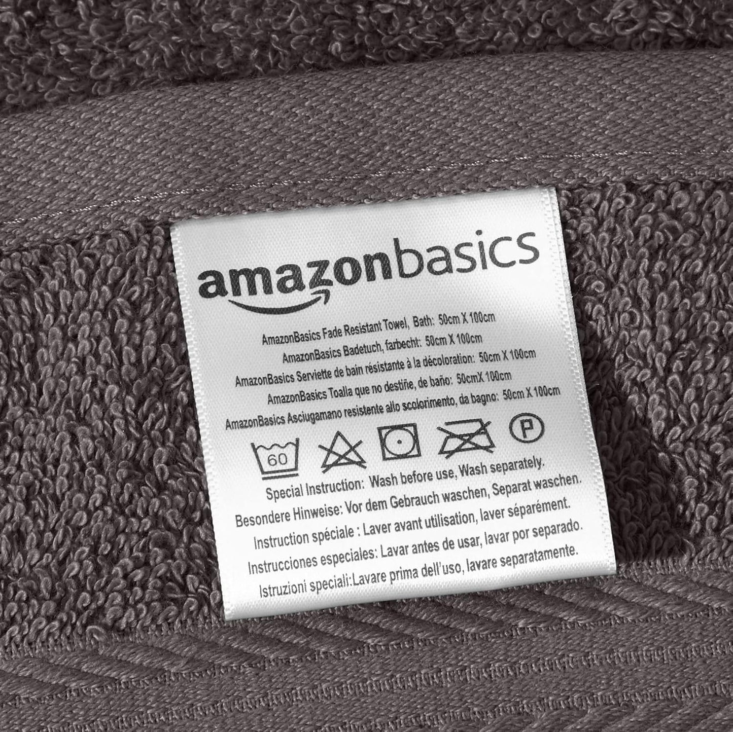 Amazon Basics 2 Bath towel for bathroom, Fade Resistant 100% Cotton Bath Towels, soft absorbent, 2-Pack (70x140 cm), Grey