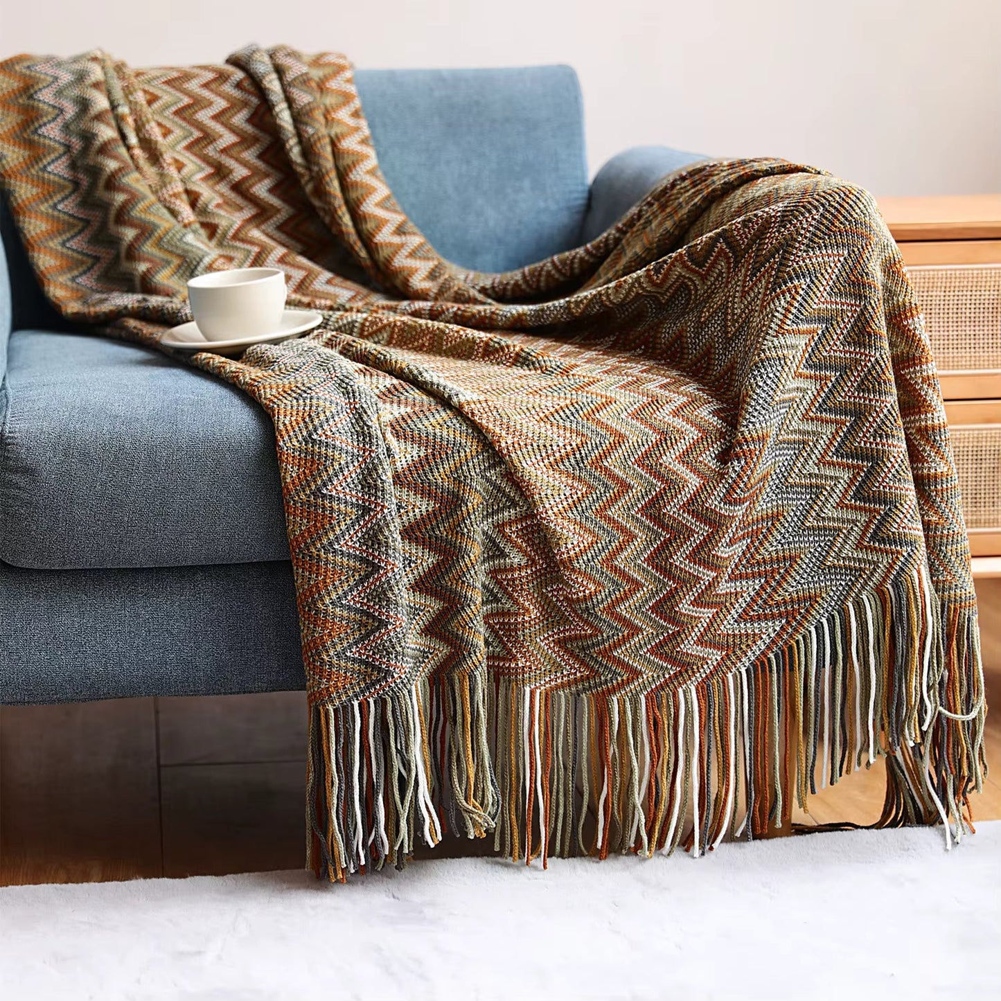 Chevron Knit Throw Blanket with Tassels
