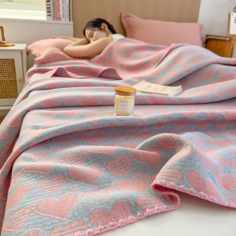Heart Pattern Cotton Muslin Lightweight Blanket