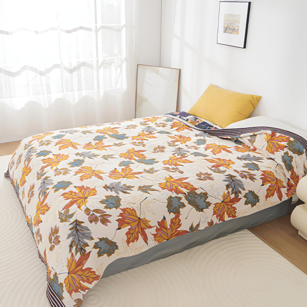 Cotton Throw Blanket - Maple Leaf Pattern