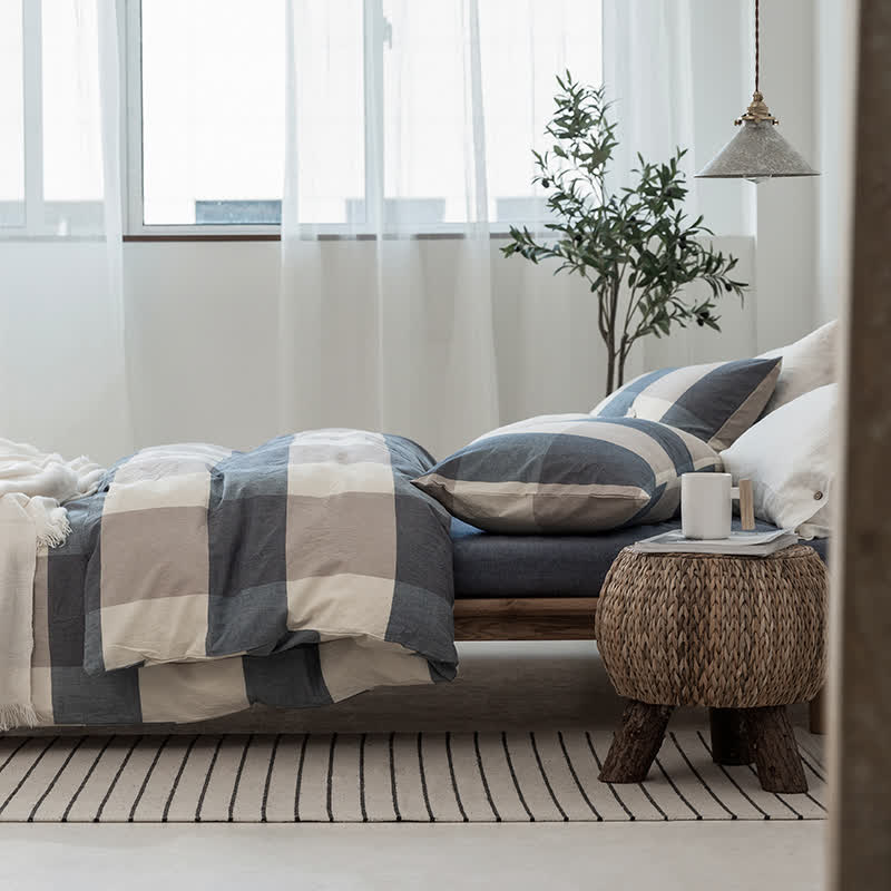Cotton Check Duvet Cover Dorm Bedding Set