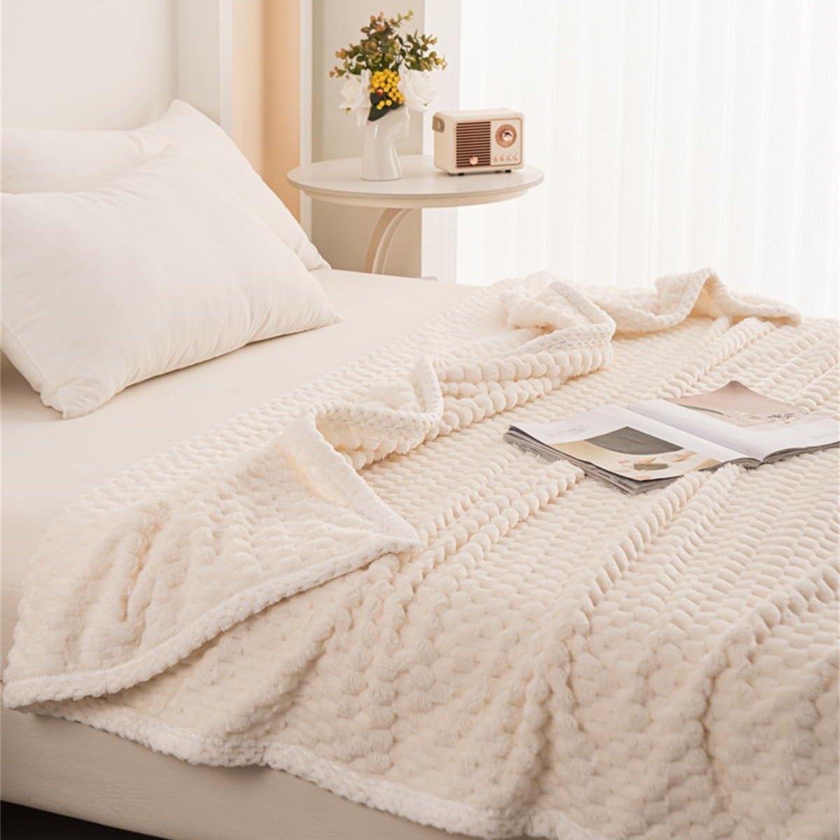 Milky White Waffle Plush Blanket
