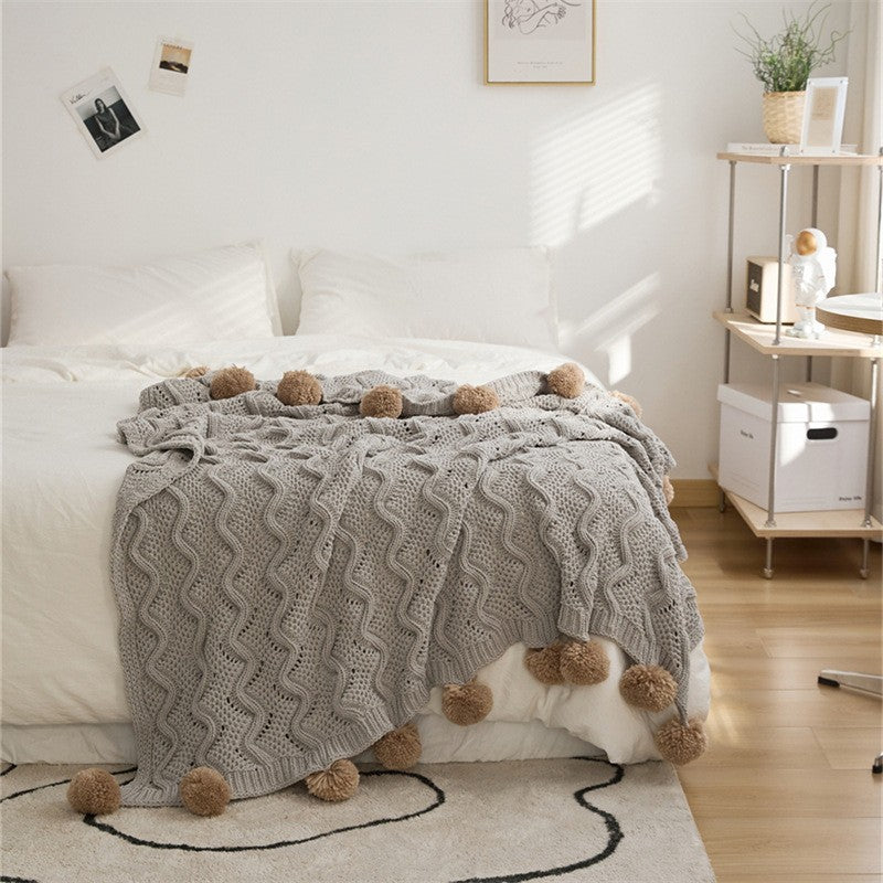 Nordic Knitted Pom-Pom Throw Blanket
