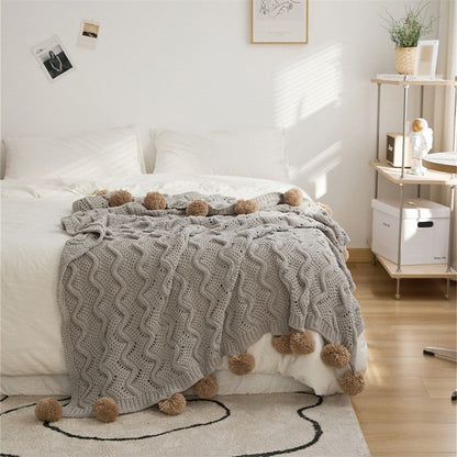 Nordic Knitted Pom-Pom Throw Blanket