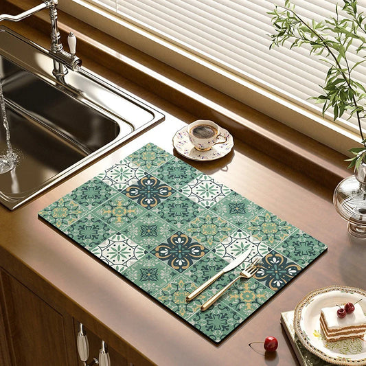 Dish Drying Mat - Vintage Tile Pattern
