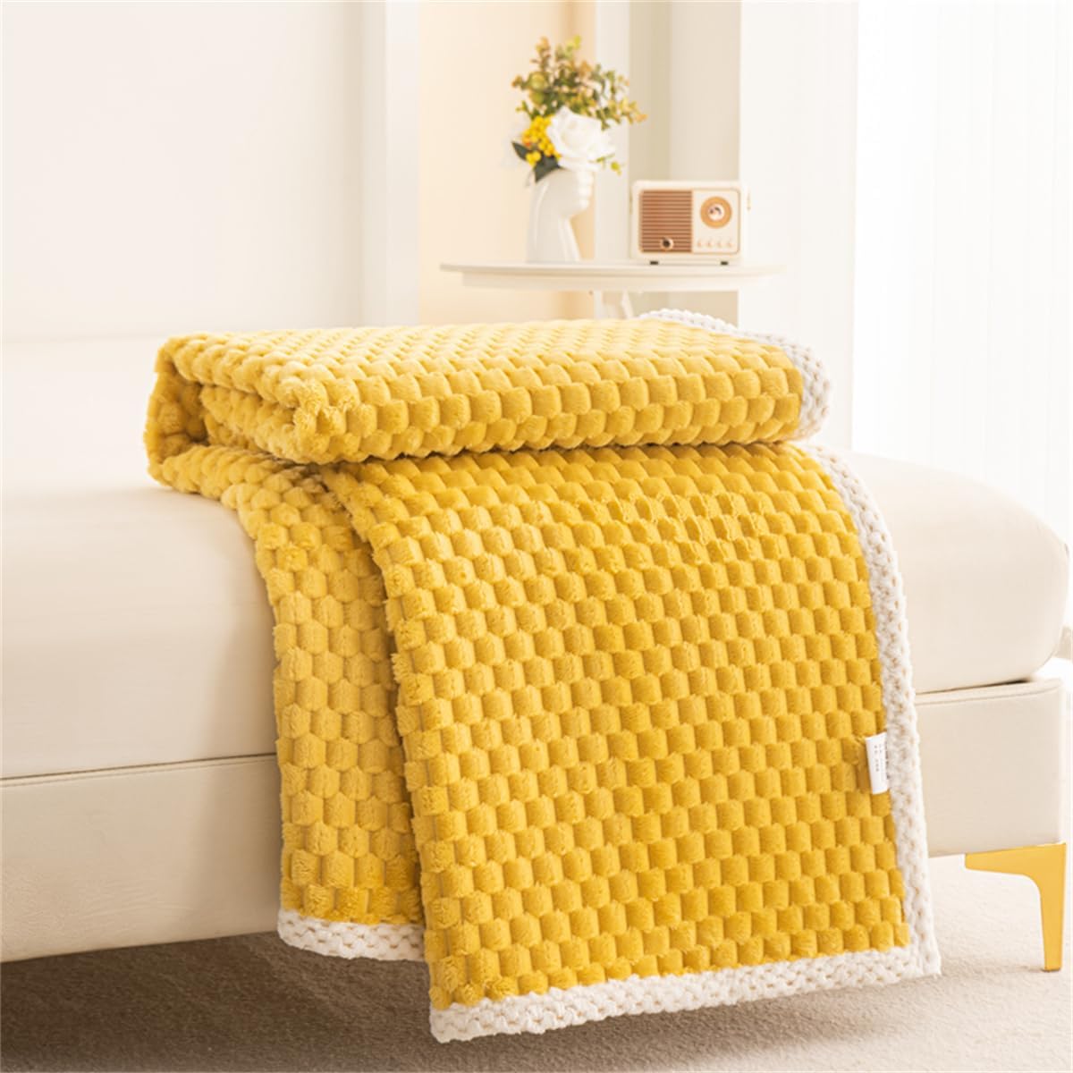 Yellow Waffle Plush Throw Blanket