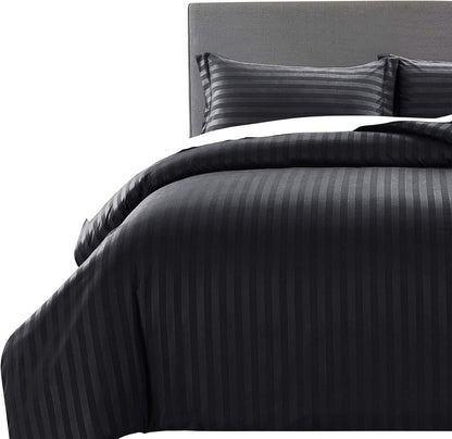 MOONLIGHT20015 Double Duvet Set Reversible Stripes Satin Double Bedding Set with 2 Pillowcases Soft Hypoallergenic Duvet Cover (Grey 200x200 CM)