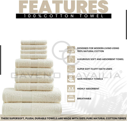 GC GAVENO CAVAILIA 10 Piece Towel Bale Set | Quick Drying Cotton Towel Highly Absorbent 450 GSM Silver Towels Set | Bathroom Towels Bale Set 4x Face 4x Hand 2x Bath Towels