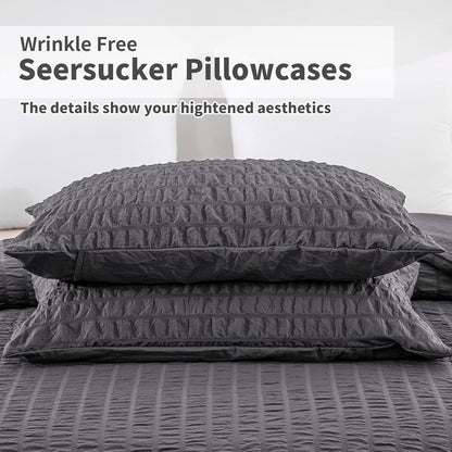 Beige Seersucker Bedding Set King Size Puckering Seersucker Duvet Cover Set,Soft Microfiber,2 Pillowcases and Zipper Closure,220×230cm