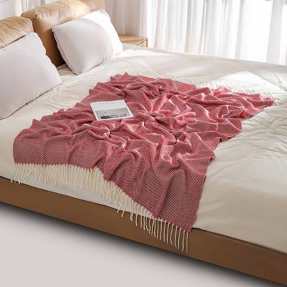 Chevron Knitted Throw Blanket with Tassels