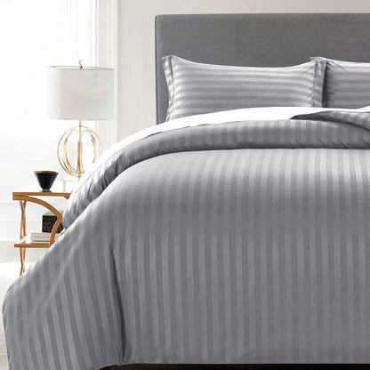 MOONLIGHT20015 Double Duvet Set Reversible Stripes Satin Double Bedding Set with 2 Pillowcases Soft Hypoallergenic Duvet Cover (Grey 200x200 CM)
