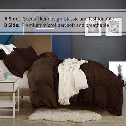 Beige Seersucker Bedding Set King Size Puckering Seersucker Duvet Cover Set,Soft Microfiber,2 Pillowcases and Zipper Closure,220×230cm