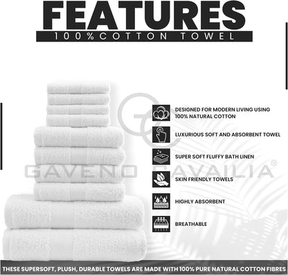 GC GAVENO CAVAILIA 10 Piece Towel Bale Set | Quick Drying Cotton Towel Highly Absorbent 450 GSM Silver Towels Set | Bathroom Towels Bale Set 4x Face 4x Hand 2x Bath Towels