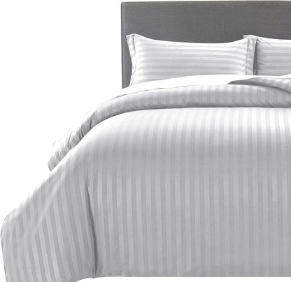 MOONLIGHT20015 Double Duvet Set Reversible Stripes Satin Double Bedding Set with 2 Pillowcases Soft Hypoallergenic Duvet Cover (Grey 200x200 CM)