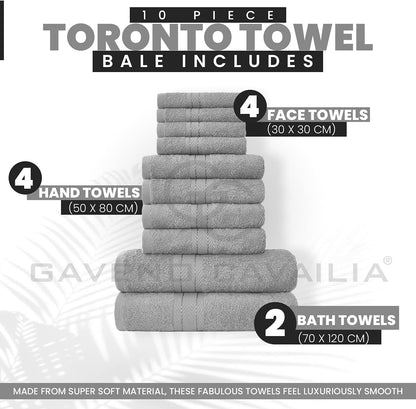 GC GAVENO CAVAILIA 10 Piece Towel Bale Set | Quick Drying Cotton Towel Highly Absorbent 450 GSM Silver Towels Set | Bathroom Towels Bale Set 4x Face 4x Hand 2x Bath Towels