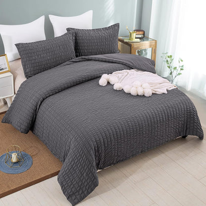 Beige Seersucker Bedding Set King Size Puckering Seersucker Duvet Cover Set,Soft Microfiber,2 Pillowcases and Zipper Closure,220×230cm