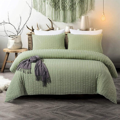 Beige Seersucker Bedding Set King Size Puckering Seersucker Duvet Cover Set,Soft Microfiber,2 Pillowcases and Zipper Closure,220×230cm