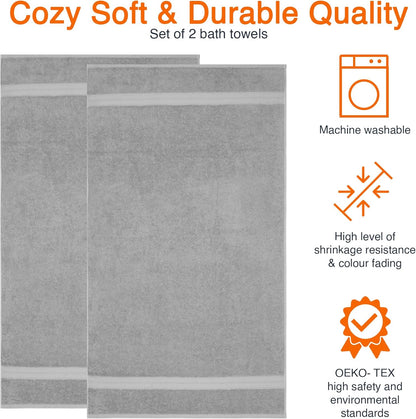 Amazon Basics 2 Bath towel for bathroom, Fade Resistant 100% Cotton Bath Towels, soft absorbent, 2-Pack (70x140 cm), Grey