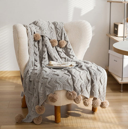 Nordic Knitted Pom-Pom Throw Blanket