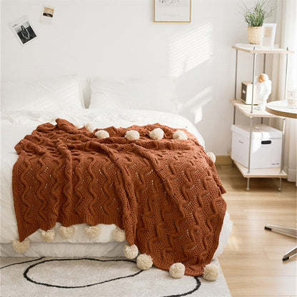 Nordic Knitted Pom-Pom Throw Blanket