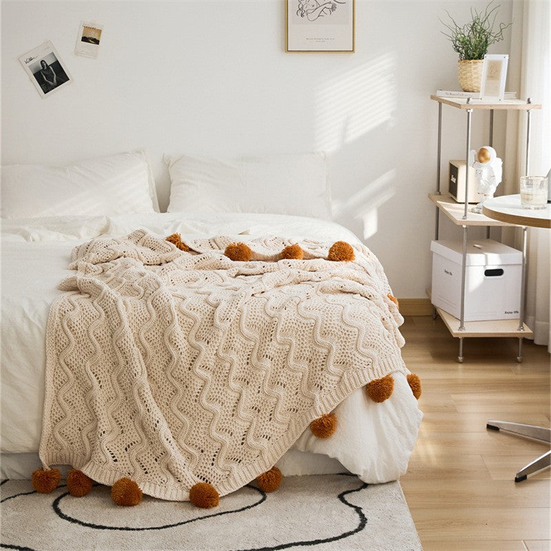 Nordic Knitted Pom-Pom Throw Blanket
