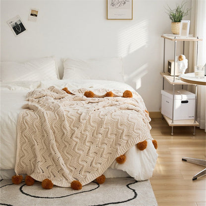 Nordic Knitted Pom-Pom Throw Blanket