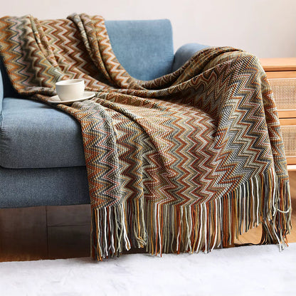 Chevron Knit Throw Blanket with Tassels