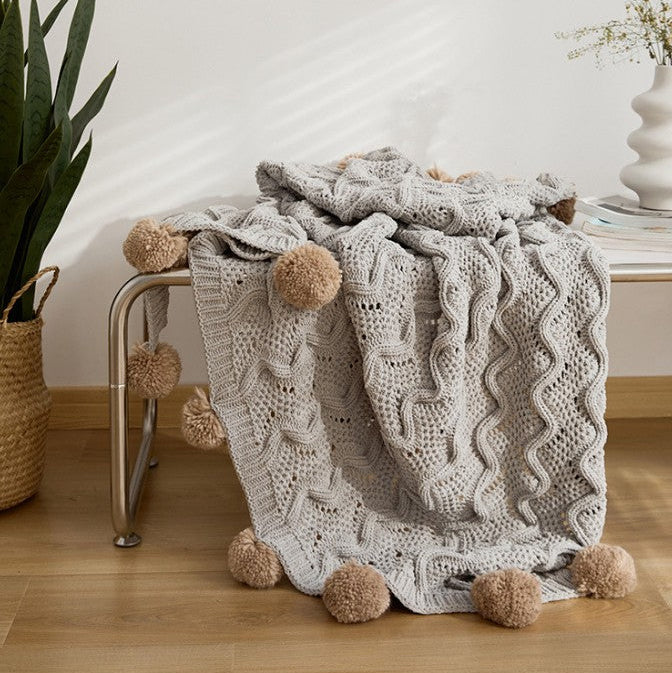 Nordic Knitted Pom-Pom Throw Blanket
