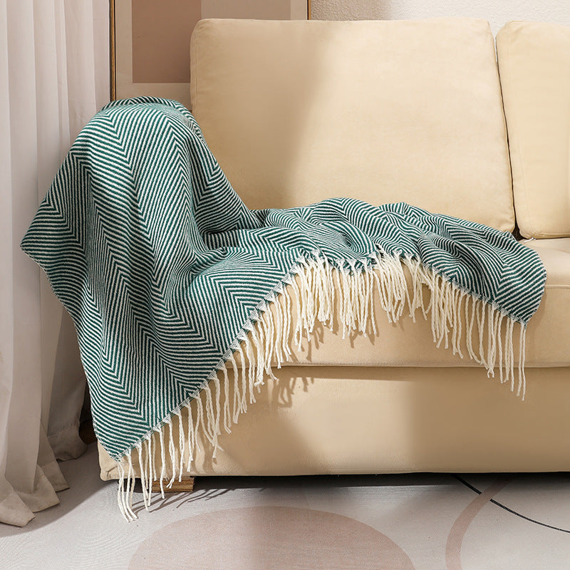 Chevron Knitted Throw Blanket with Tassels