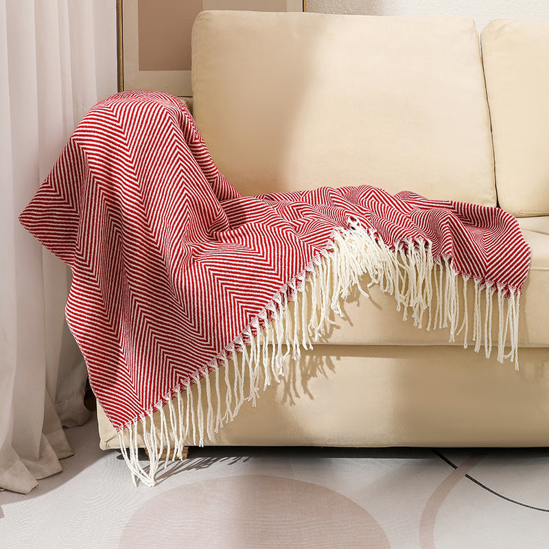 Chevron Knitted Throw Blanket with Tassels